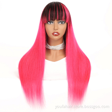 Raw Mink Virgin Cuticle Aligned Brazilian 100% Human Hair Full Machine Made Wigs Ombre 1b Pink Color None Lace Wigs with Bangs